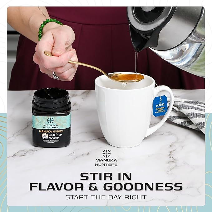 Manuka Hunters UMF 10+/MGO 263+ Certified New Zealand Manuka Honey - 100% Pure Natural Sweetener - Gluten, Dairy Free - Ideal for Tea, Coffee, Smoothies, and Baking - Sustainable - 8.8oz/250g Jar