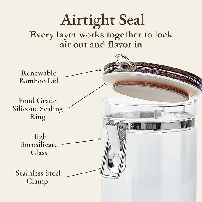 Airtight Coffee Canister with Scoop | Curated Glass Storage Set for Beans, Grounds & Sugar | 9-Piece Ritual Organizer with Bamboo Base, Versatile Artisan Spoon, Labels & Cleaning Brush