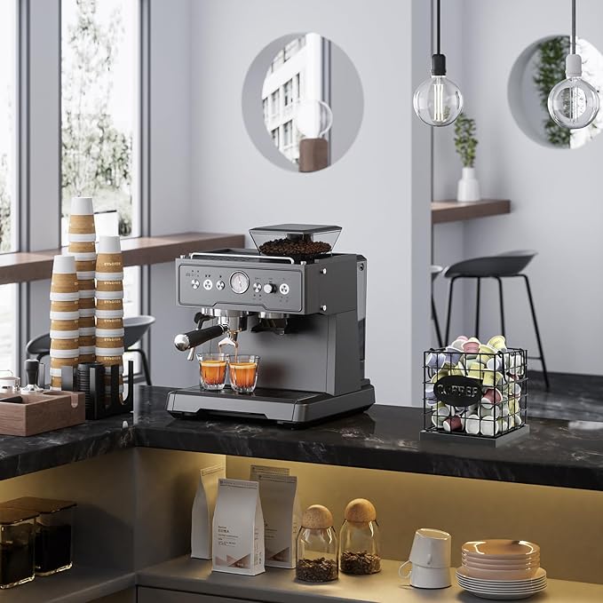 Coffee Pod Holder Organizer,Large Capacity K Cup Holder Organizer, Storage Basket for Kitchen Countertop Office Coffee Bar with Wooden Base(Rustic Black-Square)