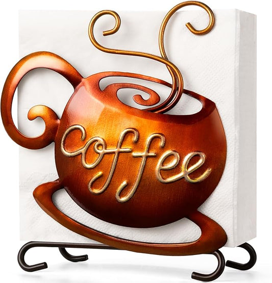 Coffee Napkin Holder for Table - Coffee Bar Decor Filter Holder for Counter, Tissue Napkin Dispenser Table Decor for Kitchen Home, Housewarming Gifts for Women, 3D Handmade Pattern, Metal