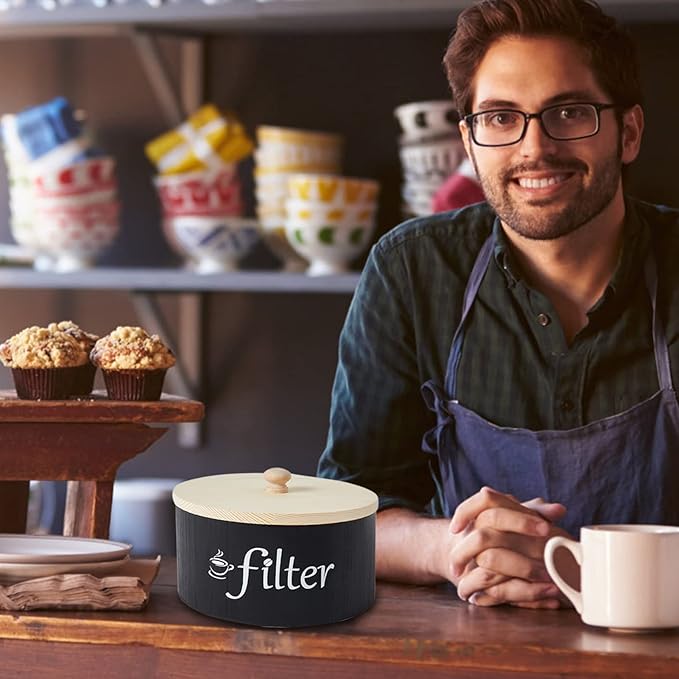 Coffee Filter Holder, Wood Coffee Filters Storage Container with Anti-slip Lid Farmhouse Coffee Filter Basket Coffee Station Organizer Coffee Bar Accessories for Home Office Coffee Countertop Decor