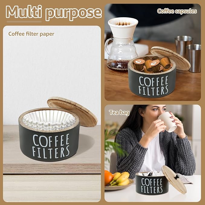Wooden Coffee Filter Holder & Storage Organizer - Large Capacity Rustic Coffee Filter Dispenser with Bamboo Lid, Multipurpose Coffee Pod & Filter Basket for Bar Counter, Kitchen, or Coffee Bar Decor