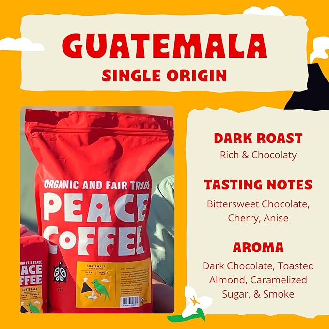 Peace Coffee Guatemala Single Origin Coffee | 5 lb Ground Dark Roast | Organic Fair Trade | Rich, Chocolatey Flavor | Shade Grown, Fresh Roasted