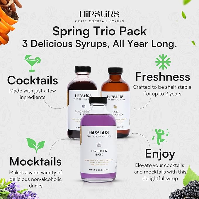 HipStirs Spring Cocktail Syrup Trio – Lavender Haze, Blackberry Mint & Old Fashioned (3 Pack, 8oz Bottles) | Craft Drink Mixers for Cocktails & Mocktails | Small Batch, Natural Ingredients