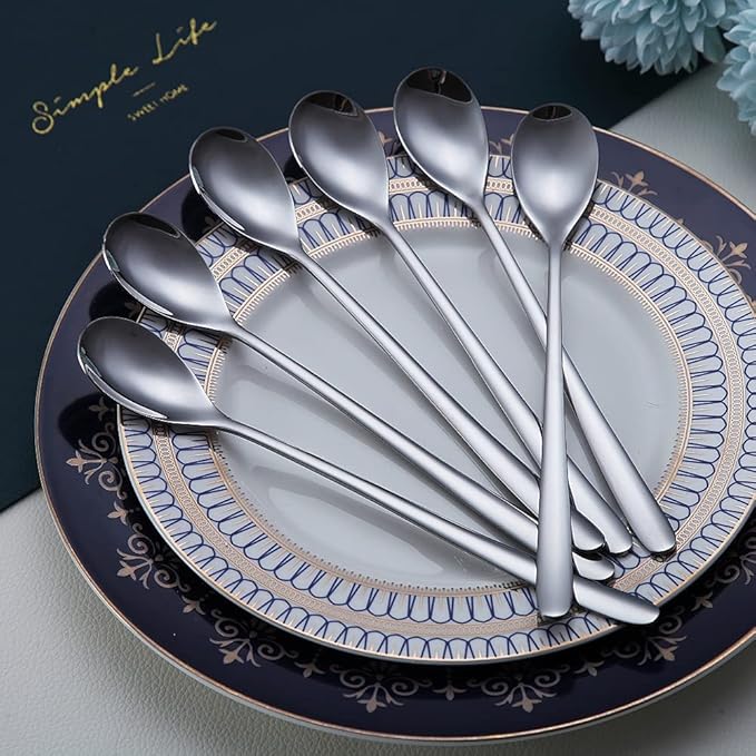 Premium Stainless Steel Coffee Stirrer Set, Long Handle, Ice Tea & Cream Spoons, Cocktail Stirrer - Set of 6 (Silver)