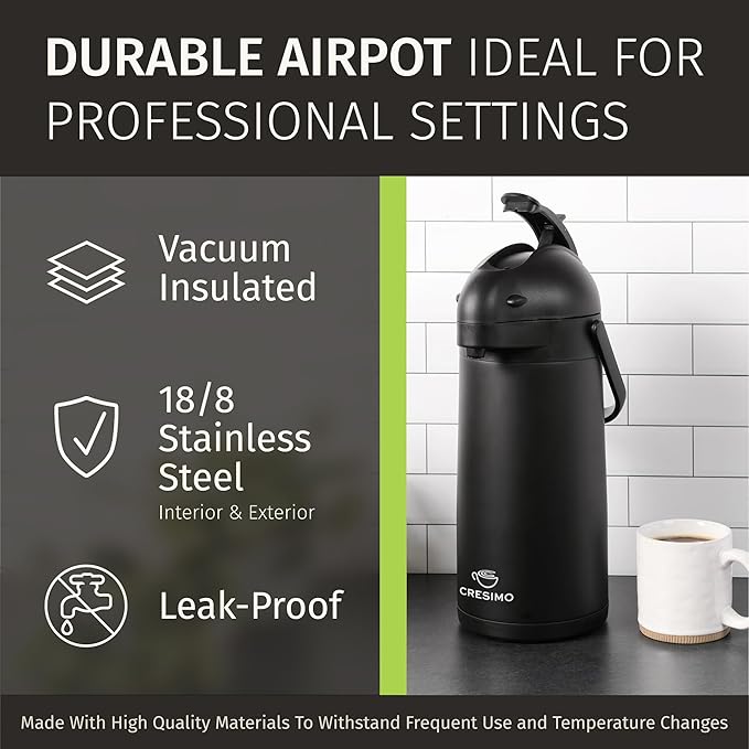 Airpot Coffee Dispenser With Pump, Black - 12 Hours Hot Water Dispenser with Pump, 36 Hours Cold - Coffee Thermal Carafe for Hot Drinks, Tea Flask for Beverages -Large Carafe w/ One-Handed Dispensing