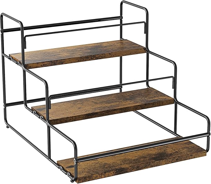 Nuovoware Liquor Bottle Display Shelf, 3-Tier Liquor Shelf, Carbon Steel Bar Cabinet with Wooden Base and Retainer Bar for Whiskey Syrup Wine, Wine Rack for Countertop Kitchen Coffee Bar, Black