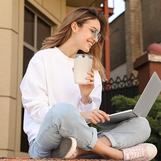 VEGOND Stainless Steel 12 oz Tumblers bulk Vacuum Insulated Double Wall Travel Tumbler with Lid and Straw Reusable Tumbler, Beige 1 Pack