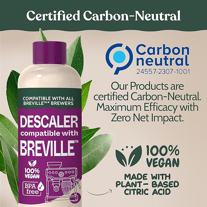 Breville Compatible Descaling Solution. Specially Formulated to Clean & Descale your Breville Espresso Machine. 2 Uses per Bottle, 2 Pack. Eco-Friendly Carbon Neutral Descaler Kit.
