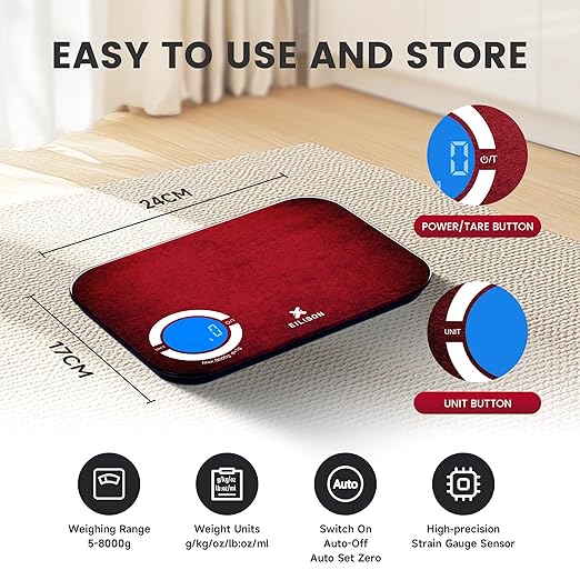 EILISON Smart Kitchen Scale with Bluetooth App, High-Precision Digital Food Scale for Baking, Cooking & Diet, 8000 Food Database, 24 Nutrients, Touchscreen, Tare Function, 5g-8000g Capacity (Red)