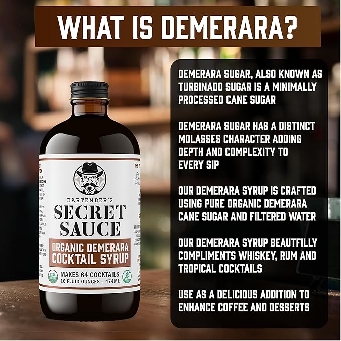 Bartender’s Secret Sauce USDA Organic Demerara Syrup – 2-Pack (16oz Bottles) – Handcrafted, Gluten-Free Cocktail Syrup – Makes 128 Drinks – Great for Old Fashioneds, Tiki & Coffee Drinks