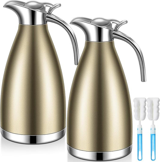 Uiifan 2 Pcs 68 oz Thermal Coffee Carafe Insulated Stainless Steel Coffee Carafe for Hot Liquids Vacuum Thermal Pot Creamer Dispenser with Brushes Keeping Hot Tea Milk Water(Champaign Gold)