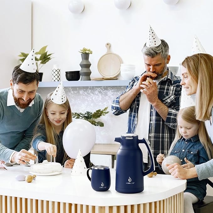 IDEUS Thermal Coffee Carafe 68oz (2,000ml), Stainless Steel Double Wall Insulated Vacuum Flask, Water Jug Coffee Server and Beverage Dispenser, Heat and Cold Retention (Navy Blue, 68oz (2,000ml))