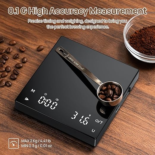 Meilen Mini Espresso Coffee Scale with Timer - 0.1g Precise Graduation, USB Rechargeable, 6 Weight Units, Ultra-Thin 2kg Digital Scale for Espresso, Pour Over, Drip, Kitchen (Black) (1)