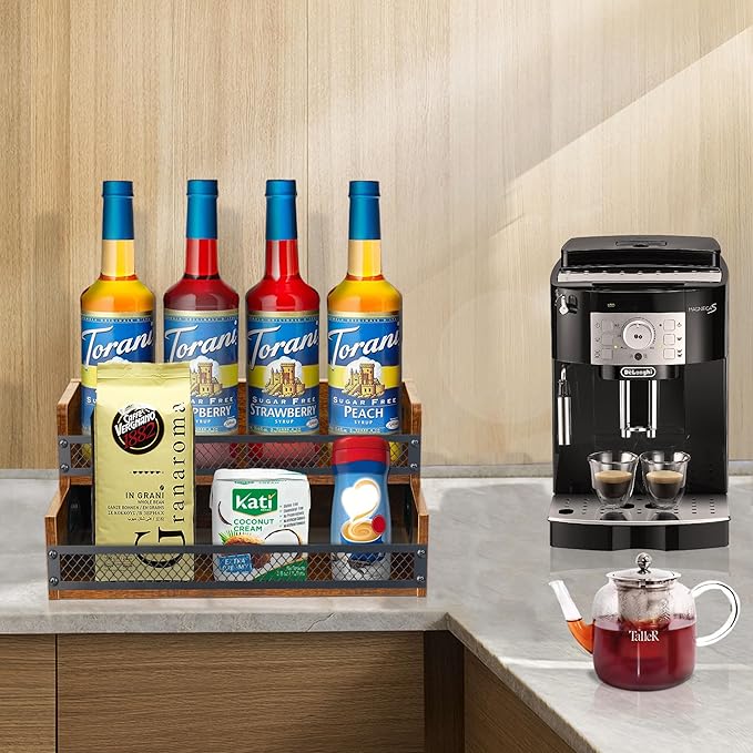 Liquor Bottle Display Shelf, Coffee Syrup Rack Organizer, 2 Step Countertop Liquor Wine Rack, 10 Bottles Coffee Station Organizer with Fences & Handles, Home Retro Bar Shelf Stand for Liquor Whiskey