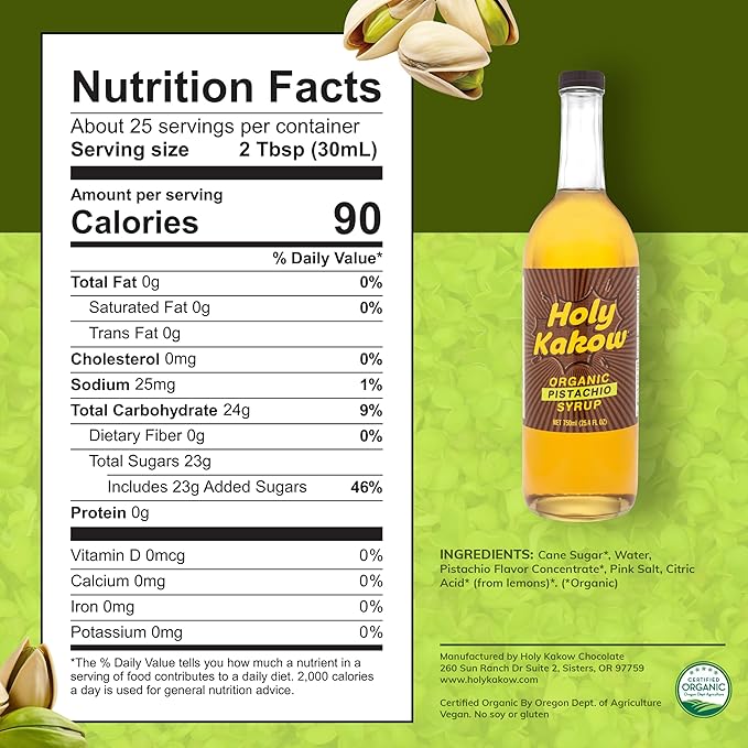 Holy Kakow Cafe Organic Pistachio Syrup - Pistachio Coffee Syrup, Organic Syrup for Coffee, Pistachio Syrup for Coffee, Add to Latte, Cocktail and Shake, Real Food Ingredients, Specific Flavor - 750ml
