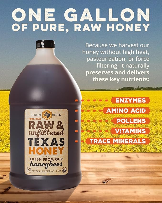 Desert Creek Honey - 100% Unfiltered, Pure, Raw Honey from Texas - Natural Sugar Substitute - One Gallon of Bulk Unprocessed, Unpasteurized American Honey - Harvested by Our Own Beekeepers