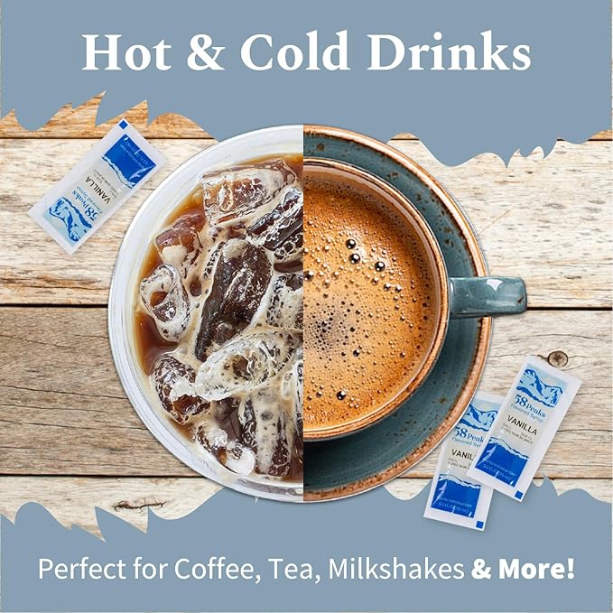 58Peaks Vanilla Flavored Syrup Sweetener Packets for Hot and Cold Drinks | To-Go Syrup Flavoring Perfect for Coffee, Tea, Milkshake and More | Flavored Coffee Syrups for Travel | 15mL | 50-Pack