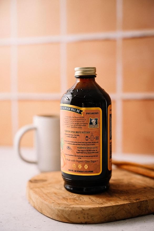 Portland Syrups Pumpkin Spice Syrup - Organic Pumpkin & Ginger Coffee Syrup for Lattes, Mocktails, & Baking - Rich Flavor - Organic Cane Sugar - Natural Ingredients - 12 oz Bottle, 12 Servings