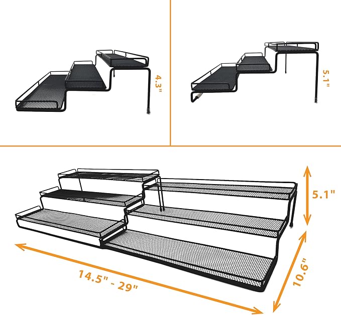 3 Tier Wide Expandable Cabinet Spice Rack Organizer (14.5" to 29.1") - Step Shelf with Protection Railing, Black
