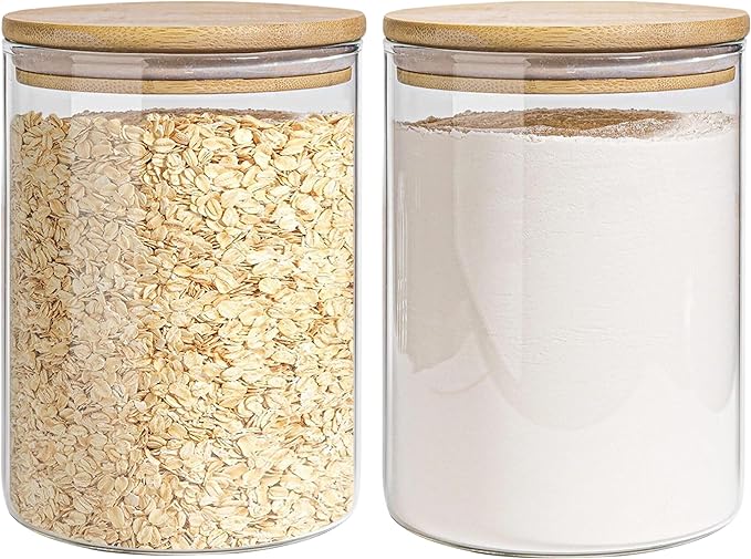 Glass Storage Jars Set Elegant Containers with Airtight Bamboo Lids, Perfect for Kitchen Organization - Flour, Rice, Pasta, Sugar, Coffee Beans, Accessories Included (2 packs(111oz))
