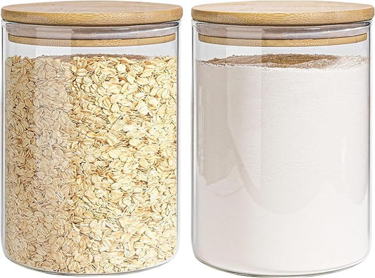 Glass Storage Jars Set Elegant Containers with Airtight Bamboo Lids, Perfect for Kitchen Organization - Flour, Rice, Pasta, Sugar, Coffee Beans, Accessories Included (2 packs(111oz))