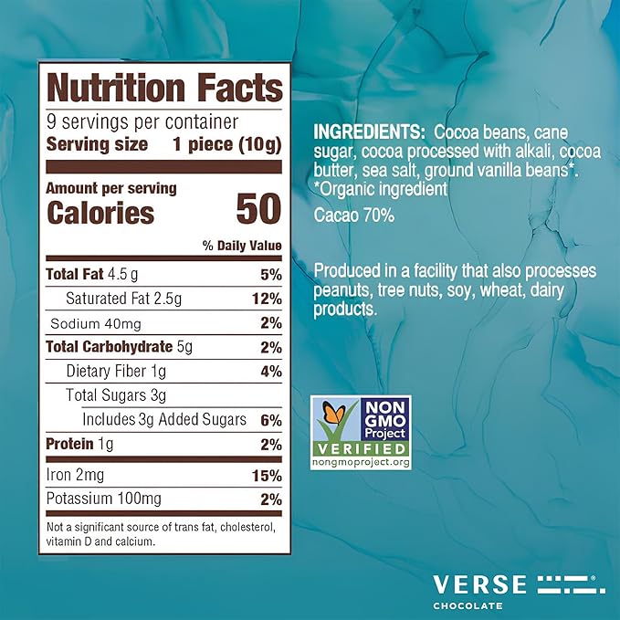 Verse Dark Chocolate Sea Salt Squares - Only 3g Cane Sugar - Creamy 70% Cocoa Dark Chocolate - Individually Wrapped Cacao Bar Squares (9 Count, 2 Pack)
