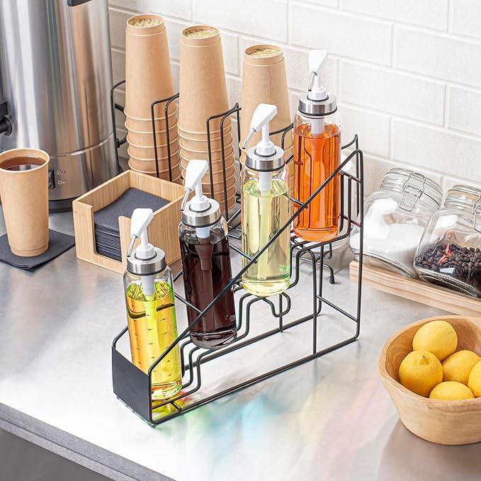 Restaurantware Restpresso 14 x 4 x 12 Inch Coffee Syrup Rack 1 4-Tier Syrup Holder - Wire Design Compact Black Iron Syrup Stand For Retail Displays Coffee Or Liquors
