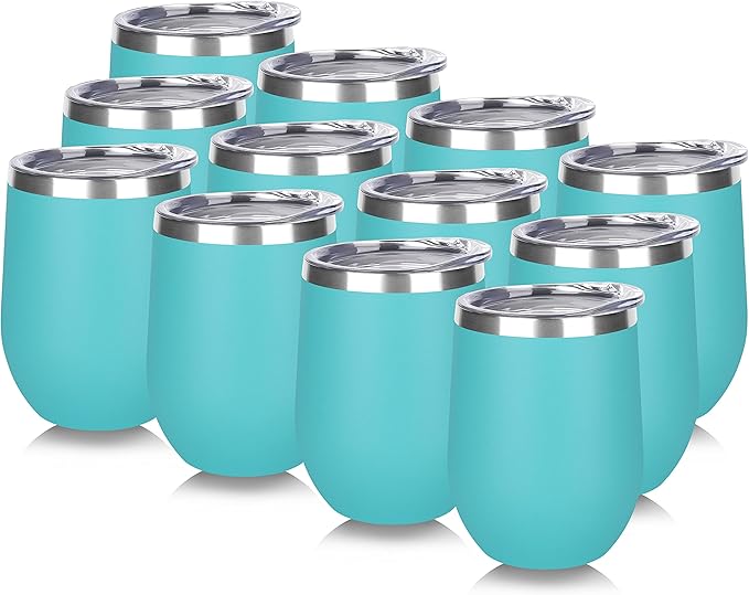DOMICARE Stainless Steel Wine Tumbler Bulk with Lid, Personalized Insulated Tumblers Set, 12oz Travel Coffee Cups Pack of 12, Light Blue