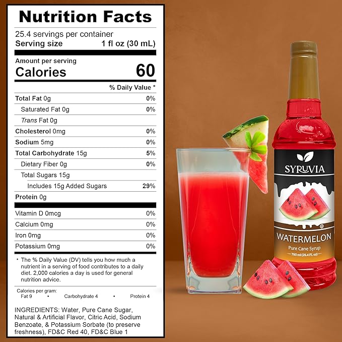 Syruvia Watermelon Syrup, Flavored Syrup for Drinks, Cocktails, Lemonades, Iced Teas, and Desserts – 25.4 fl oz, With Pump