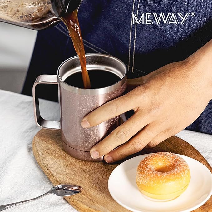 MEWAY 12oz Coffee Mug With Handle 8 Pack Bulk,Stainless Steel Insulated Travel Tumblers With Sliding Lid,Double Wall Vacuum Camping Cup for Hot & Cold Drinks Tea (Rose Gold,Set of 8)