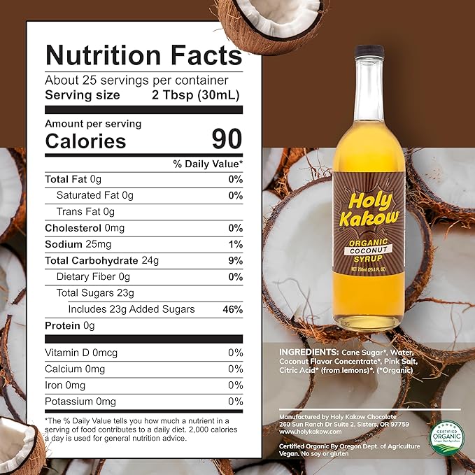 Holy Kakow Cafe Organic Coconut Syrup - Coconut Coffee Syrup, Organic Syrup for Coffee, Latte, Cocktail and Shake, Real Food Ingredients - 750ml