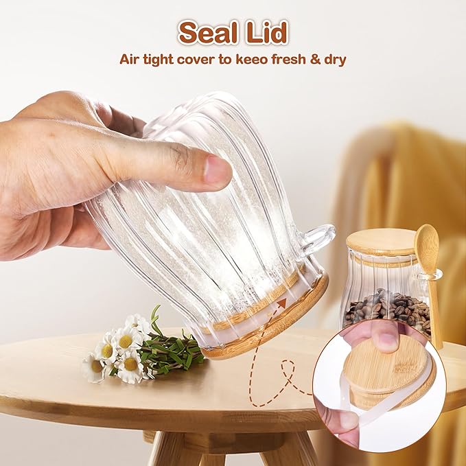 20oz Sugar Container with Bamboo Lid and Spoon,600 ml Sugar Bowl Glass Jar for Coffee Bar Accessories Coffee Canister Kitchen Decor (Large)