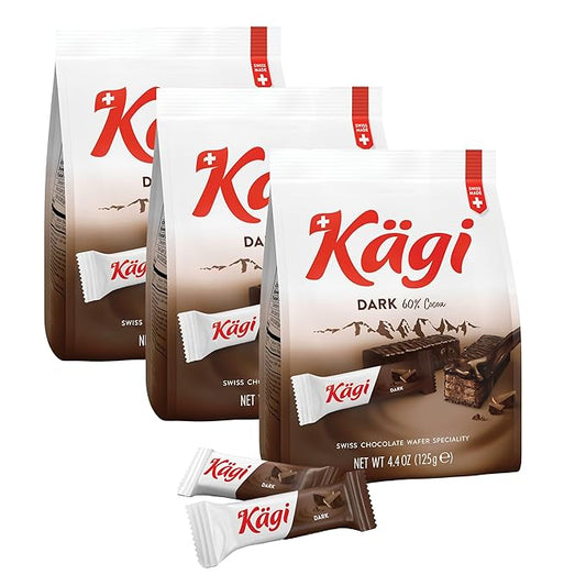 Swiss Dark Chocolate Covered Mini Wafers by Kägi, Crispy Coated Sweet Snacks, Premium Individually Wrapped, 3 Pack, 125g