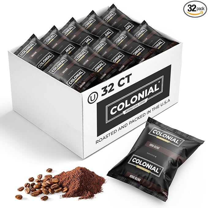 Colonial Coffee 32 Count Single Pot Coffee Packets – 100% Arabica Hawaiian Kona Medium Roast | Pre-Measured Frac Packs for 12 Cup Maker | Bulk Ground Gourmet Coffee for Home & Office