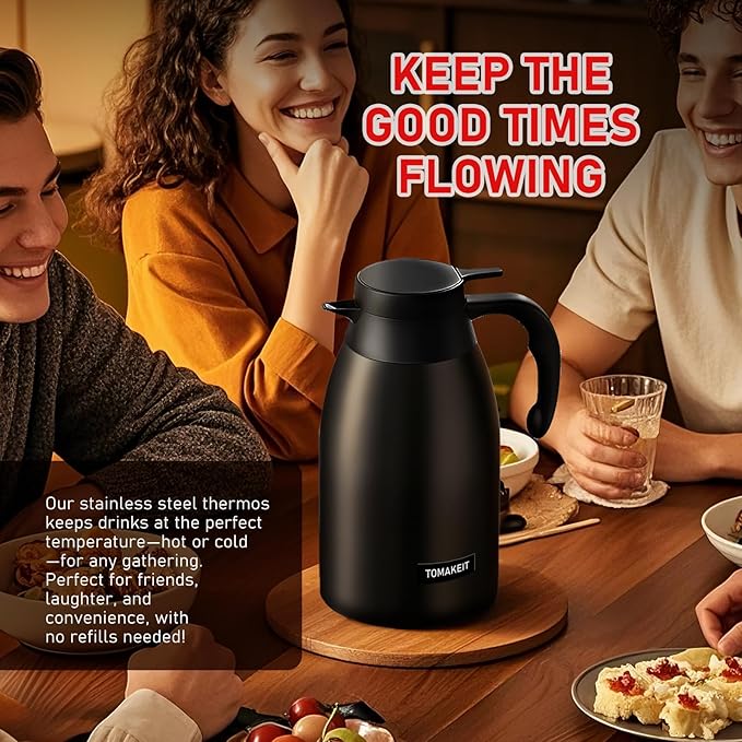 Thermal Coffee Carafe 2L/68 Oz Double-Wall Vacuum 304 Stainless Steel Insulated Thermoses Flask, 24-Hour Keeps Hot/Cold, Leak-Proof, for Travel, Work, Outdoor, BPA-Free, Easy to Clean