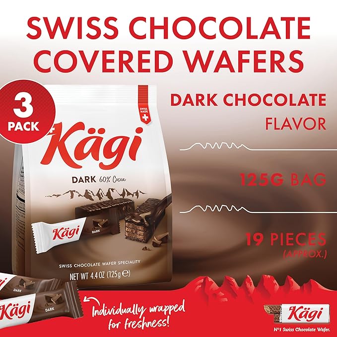 Swiss Dark Chocolate Covered Mini Wafers by Kägi, Crispy Coated Sweet Snacks, Premium Individually Wrapped, 3 Pack, 125g
