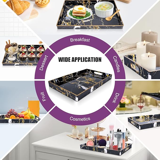 Gifturbo Black Serving Tray,Marble Decorative Serving Trays with Handles, Coffee Table Tray Ottoman Rectangular Plastic Trays with Gold Rim for Living Room, Bathroom，15.7 x 10.2 x1.37 inches