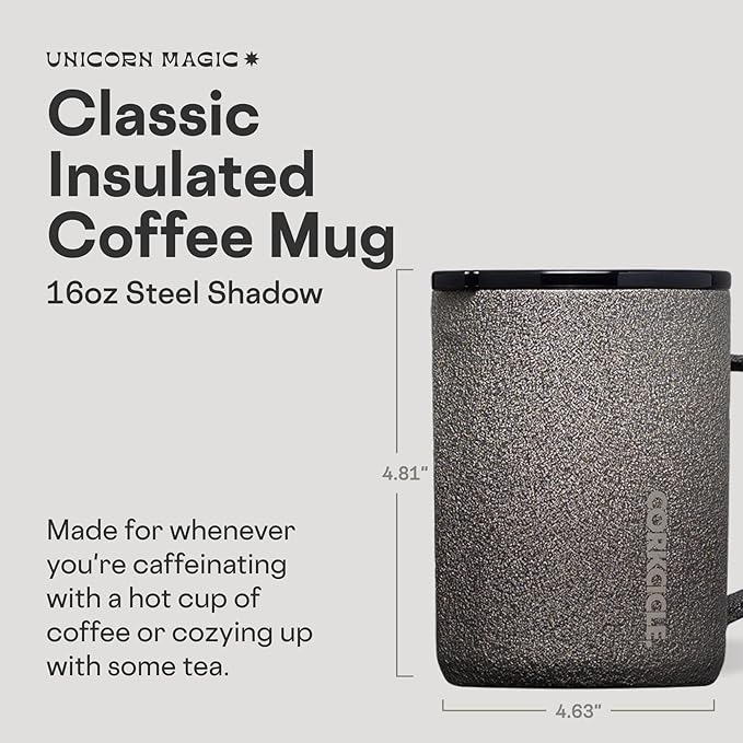 Corkcicle Classic Coffee Mug - Triple Insulated Stainless Steel for Travel - Shatter-Proof Lid - Keeps Drink Hot Over 3 Hours - Holiday Mug Gift - Great for Gifting Warmth - 16 oz - Steel Shadow