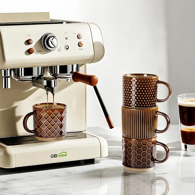 GBHOME 12OZ Stackable Coffee Mugs with Stand, Ceramic Coffee Mugs with Texture Patterns for Man,Woman,Dad,Mom, Modern Coffee Cups Set of 4 for Latte/Cappuccino. Dishwasher&Microwave Safe, Caramel