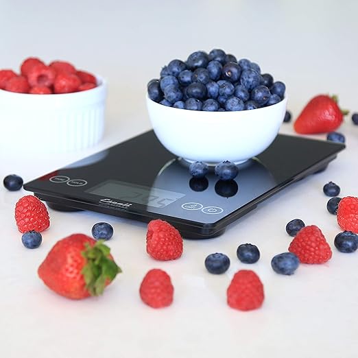 Escali Arti Glass Food Scale Digital Countertop Kitchen, Baking and Cooking Scale with Nutrition and Calorie Counter, 15-Pound Capacity, 9" x 6.5" x .75", Black