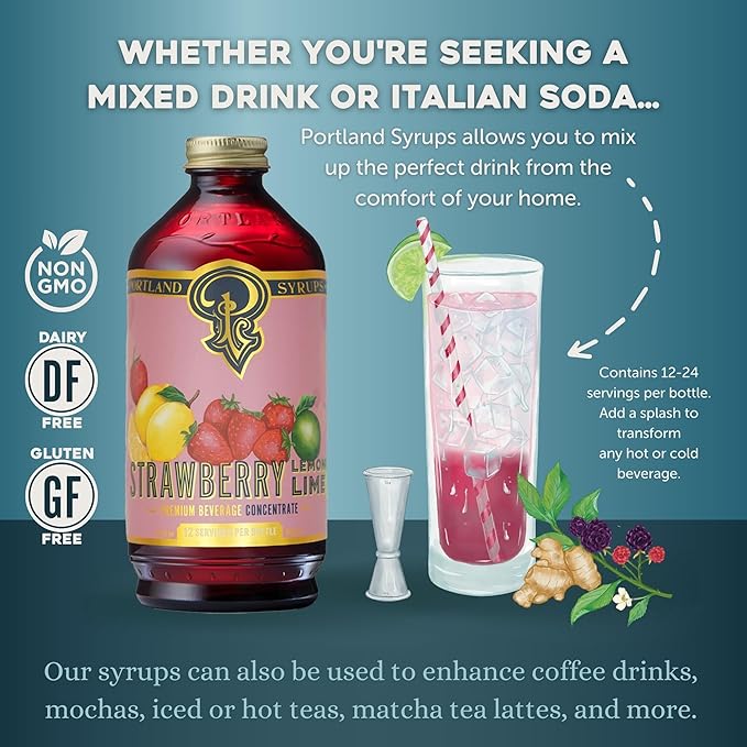 Portland Syrups Strawberry Lemon-Lime Syrup - Summer in a Glass with Tangy Citrus and Sweet Strawberries - Premium Beverage Concentrate for Cocktails, Standalone Sodas, and More - 12 oz with 24 Servings (Pack of 1)