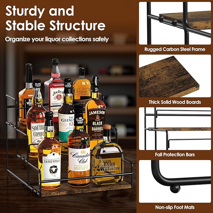 Nuovoware Liquor Bottle Display Shelf, 3-Tier Liquor Shelf, Carbon Steel Bar Cabinet with Wooden Base and Retainer Bar for Whiskey Syrup Wine, Wine Rack for Countertop Kitchen Coffee Bar, Black