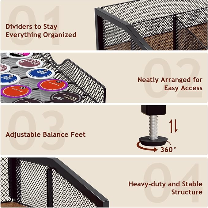 Coffee Bar Organizer - Coffee Station for Countertop, Metal and Wood K Cup holder Storage Basket for Coffee Pods, Syrup, Cups, Stirrer, Coffee Condiment, Tea Organizer, Black and Brown