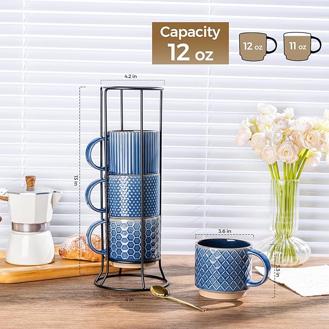 GBHOME 12OZ Stackable Coffee Mugs with Stand, Ceramic Coffee Mugs with Texture Patterns for Man,Woman,Dad,Mom, Modern Coffee Cups Set of 4 for Latte/Cappuccino/Cocoa. Dishwasher&Microwave Safe, Blue
