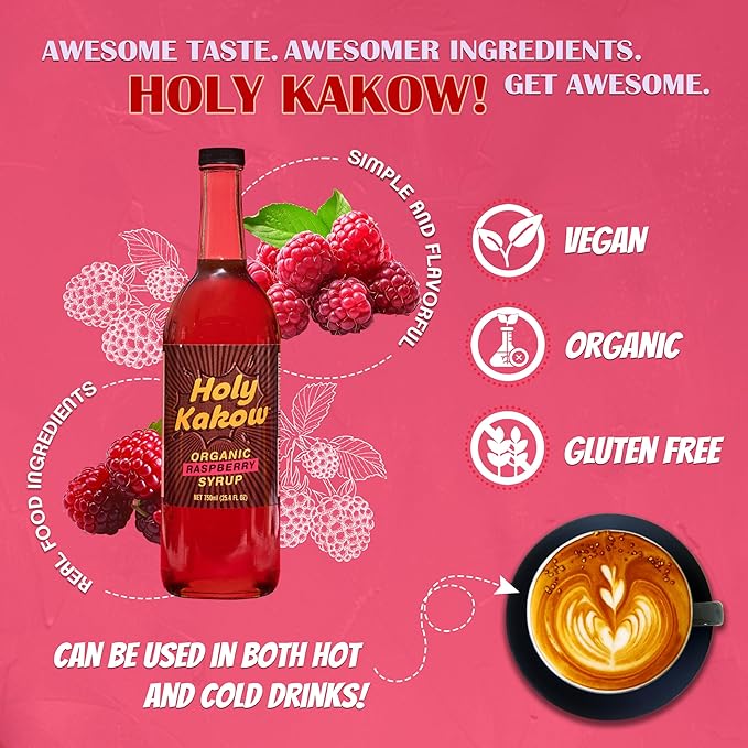 Holy Kakow Organic Raspberry Syrup - Made with Organic Ingredients, GMO Free, Vegan, Gluten-Free, No Preservatives, Raspberry Syrup for Coffee - 750ml Bottle