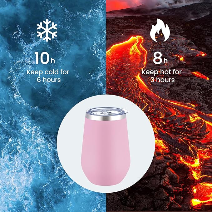 MEWAY 12oz Insulated Wine Tumbler with Lid and Straw - Double Wall Vacuum Stainless Steel Wine glass, Ideal for Travel and Office, Baby shower prizes for winners(Pink,Set of 12)