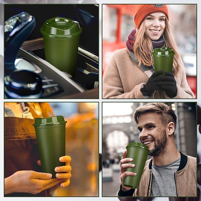 Domensi 15 Pack Reusable Coffee Cups with Lids 16 oz Disposable Travel Cups Bulk Plastic to Go Coffee Tumblers for DIY Hot Cold Drink Party Favors Coworker, Microwaveable (Army Green)