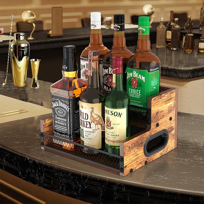 Liquor Bottle Display Shelf, Coffee Syrup Rack Organizer, 2 Step Countertop Liquor Wine Rack, 6 Bottles Coffee Station Organizer with Fences & Handles, Home Retro Bar Shelf Stand for Liquor Whiskey