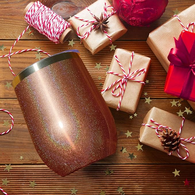 MEWAY 12oz/8 Pack Wine Tumbler Glasses with Lid - Stemless Double Wall Vacuum Stainless Steel Glitter Tumbler - Keeping Cold & Hot Cup for Coffee,Gift for Women(Rainbow Rose Gold,Set of 8)